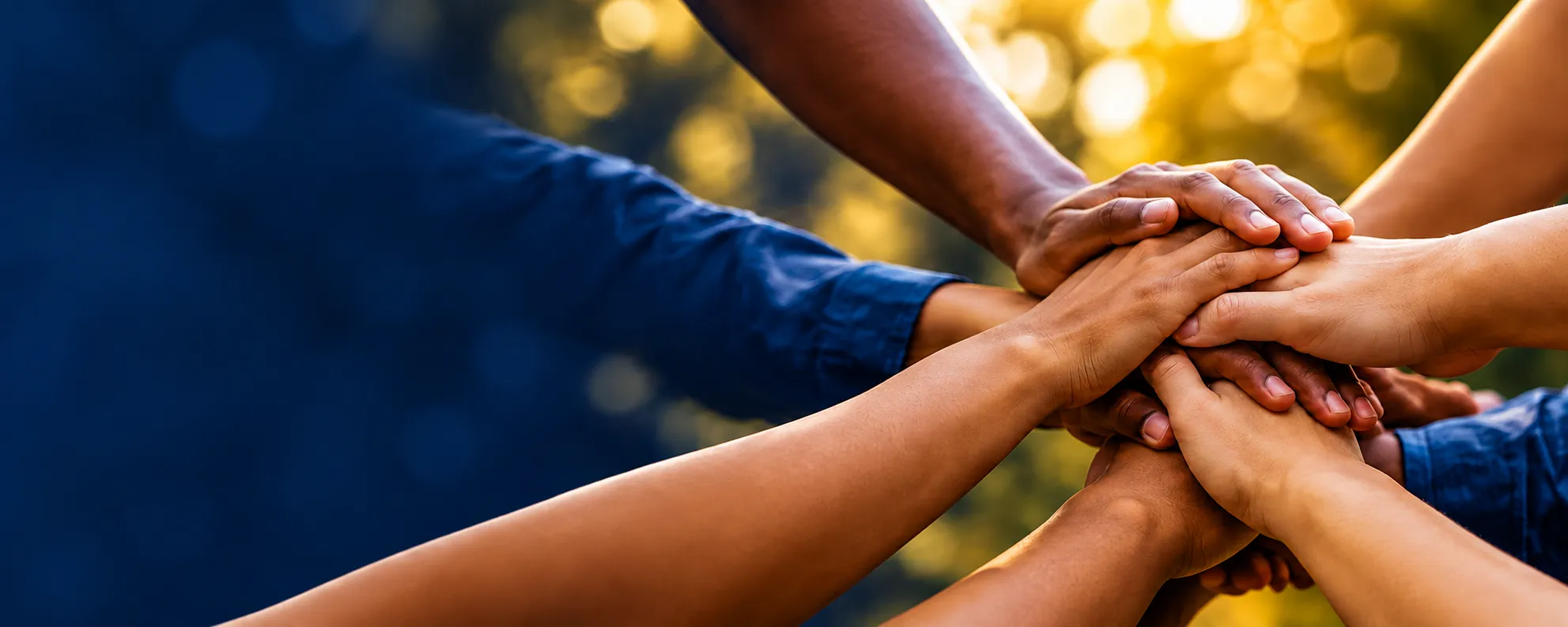 Hands joined together in unity under warm golden light.